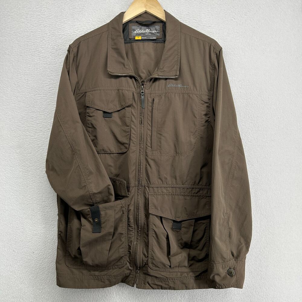 EDDIE BAUER Jacket Mens L Travex Utility Field Full Zip Ripstop Nylon Gray